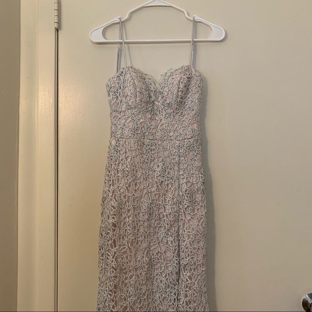 B.Darlin Silver Lace Overlay Prom Dress